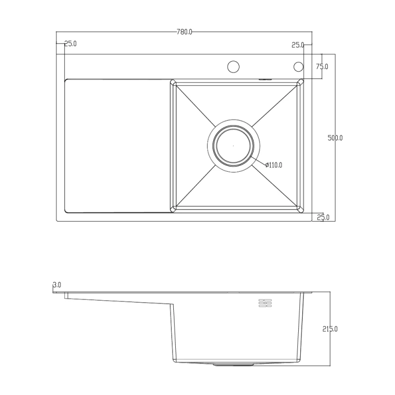 ITAL Кухонна мийка HD7850R, 750x500мм, нержавіюча сталь, права, чорний