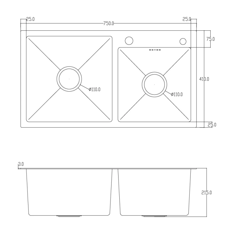 ITAL Кухонна мийка HD7541, 750x410мм, нержавіюча сталь, сатин
