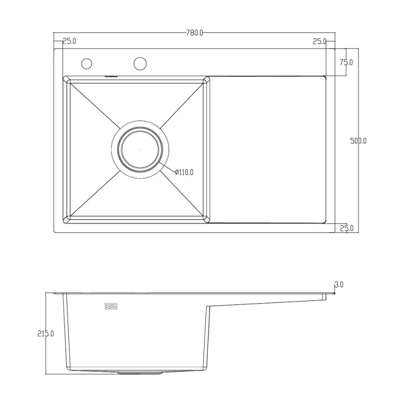 ITAL Кухонна мийка HD7850L, 750x500мм, нержавіюча сталь, ліва, чорний
