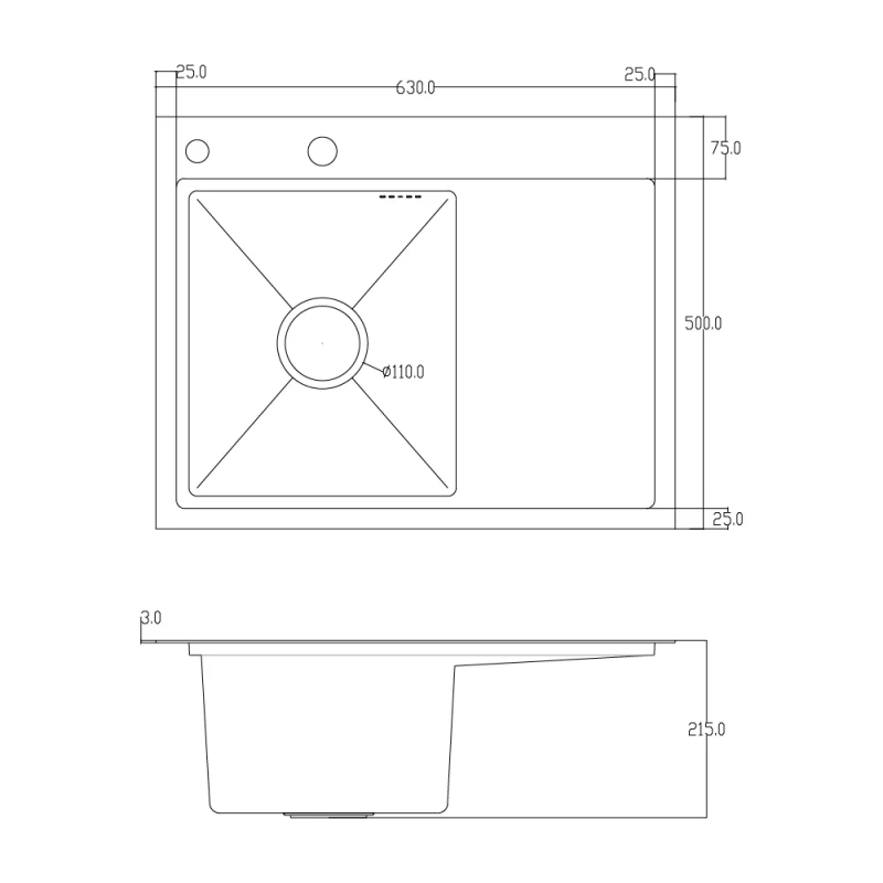 ITAL Кухонна мийка HD6350L, 630x500мм, нержавіюча сталь, ліва, чорний