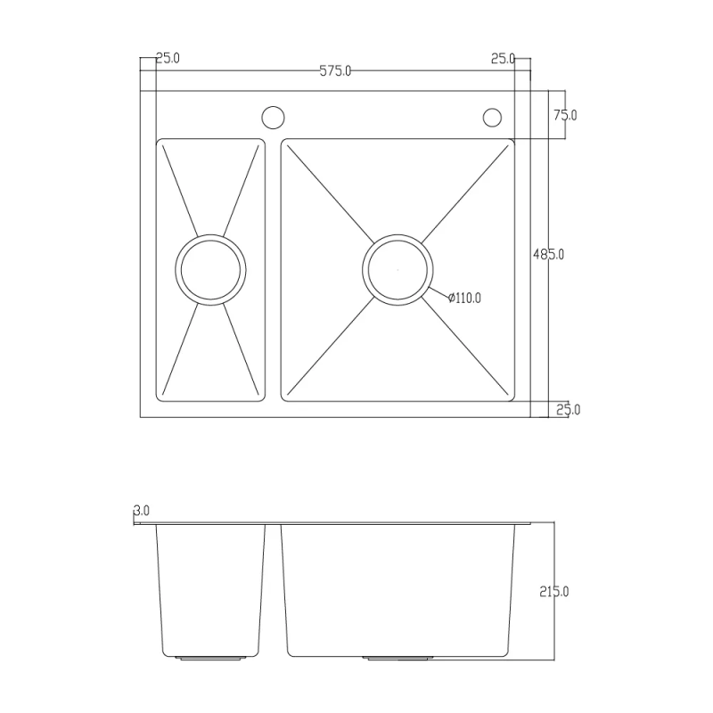 ITAL Кухонна мийка HD575485, 575x485мм, нержавіюча сталь, сатин