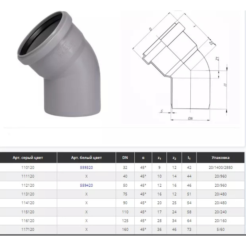 Ostendorf Коліно d=40 мм, кут=45 ° Сірий (171120-05)