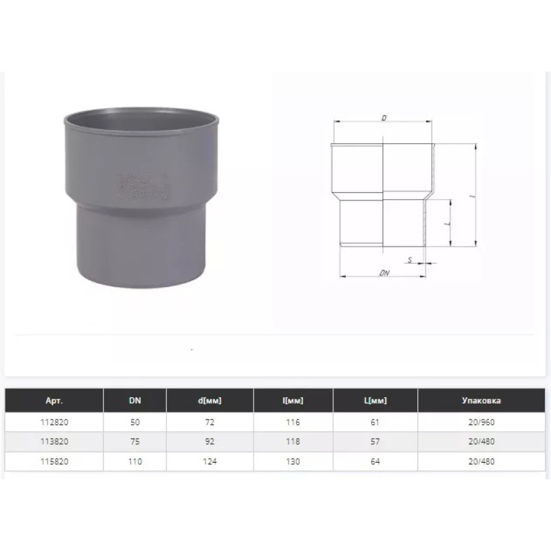 Ostendorf Перехід з чугуна на пластик d=110 мм Сірий (175820-05)