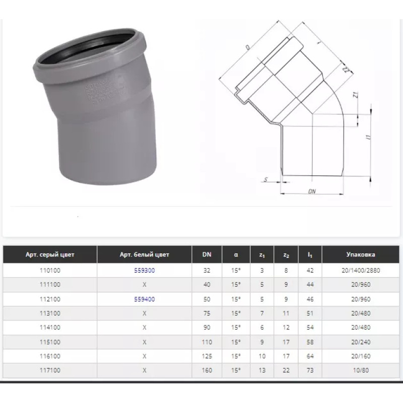 Ostendorf Коліно d=32 мм, кут=15 ° Сірий (170100-05)