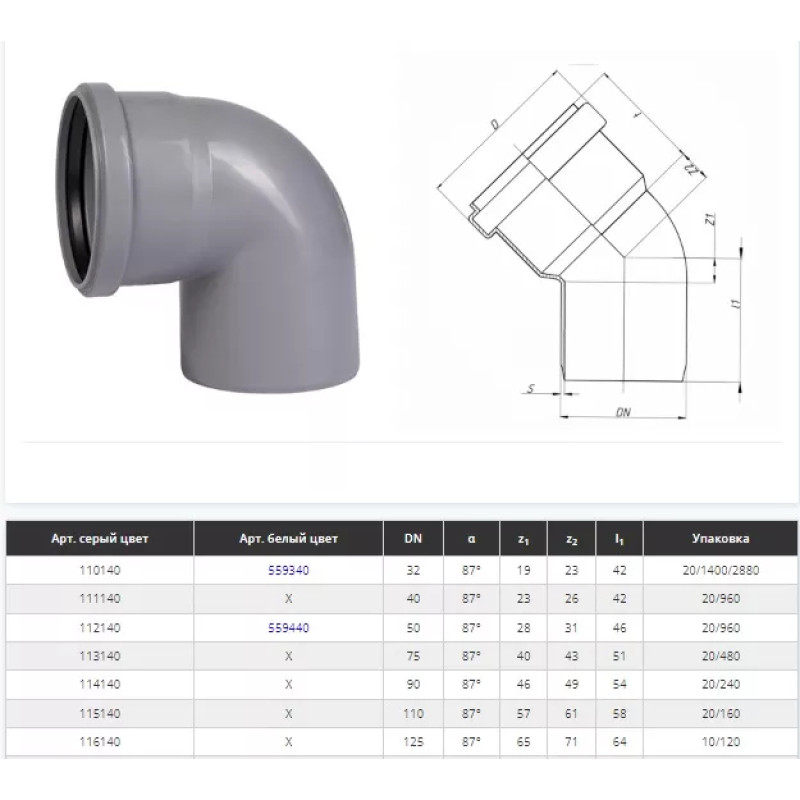 Ostendorf Коліно d=32 мм, кут=87 ° 30' Сірий (170140-05)