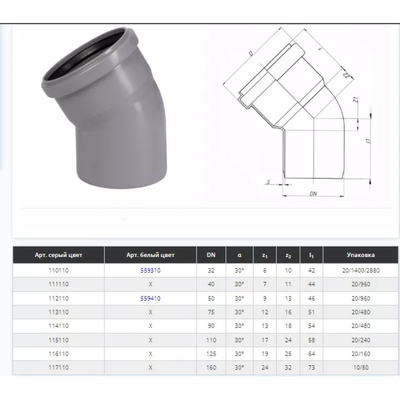 Ostendorf Коліно d=110 мм, кут=30 ° Сірий (175110-05)