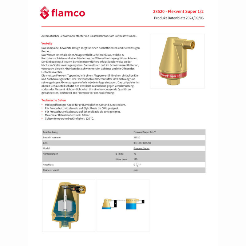 Flamco Автоматичний повітрявідвідник Flexvent Super 1/2" (без запірного клапану), PN10, 120 гр.С (28520)