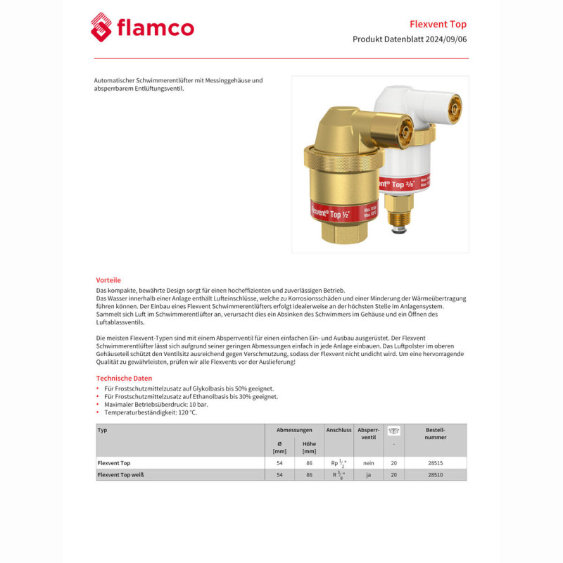 Flamco Автоматичний повітрявідвідник Flexvent Top 3/8" (в комплекті з запірним клапаном), PN10, 120 (28510)