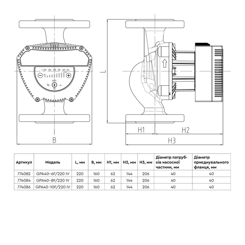 Aquatica Насос циркуляційний енергозберігаючий фланц 10-185Вт Hmax 10м Qmax 167л/хв DN40 220мм + зворотний флан GPA40-10F/220 IV (774086)