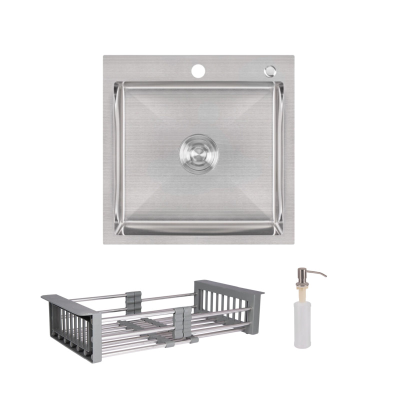 Lidz Комплект Handmade H5050 Мийка для кухні інтегрована Brushed у комплекті з дозатором + K01G Корзина для кухонної мийки