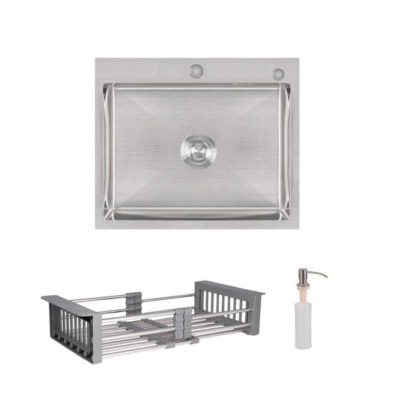 Lidz Комплект Handmade H6050 Мийка для кухні інтегрована Brushed у комплекті з дозатором + K01G Корзина для кухонної мийки