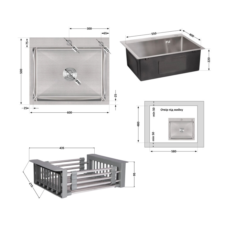 Lidz Комплект Handmade H6050 Мийка для кухні інтегрована Brushed у комплекті з дозатором + K01G Корзина для кухонної мийки