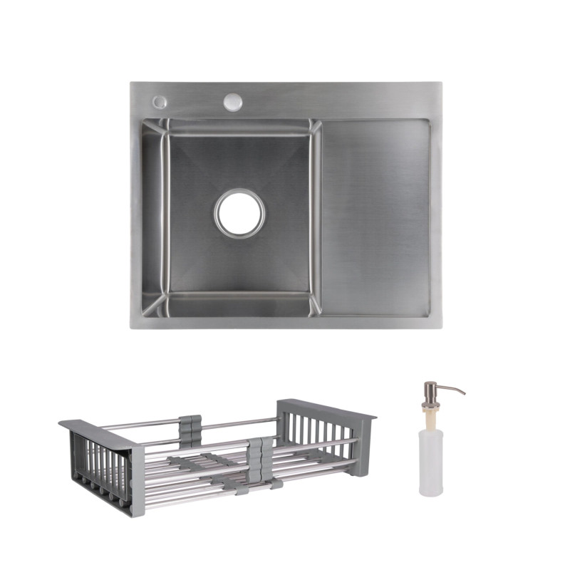 Lidz Комплект Handmade H6350R Мийка для кухні інтегрована крило зправа Brushed у комплекті з дозатором + K01G Корзина для кухонної мийки