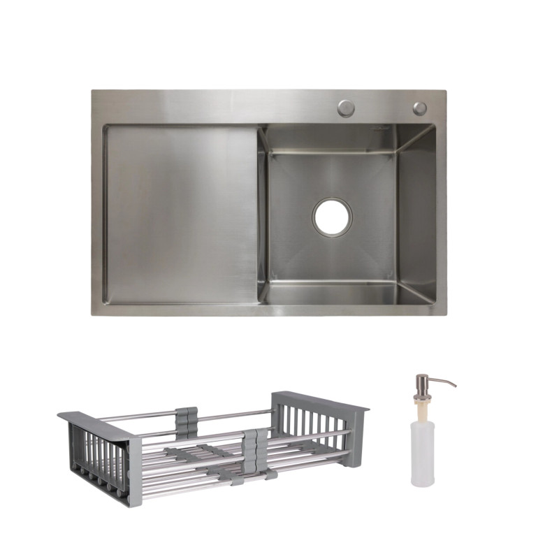 Lidz Комплект Handmade H7849L Мийка для кухні інтегрована крило зліва Brushed у комплекті з дозатором + K01G Корзина для кухонної мийки