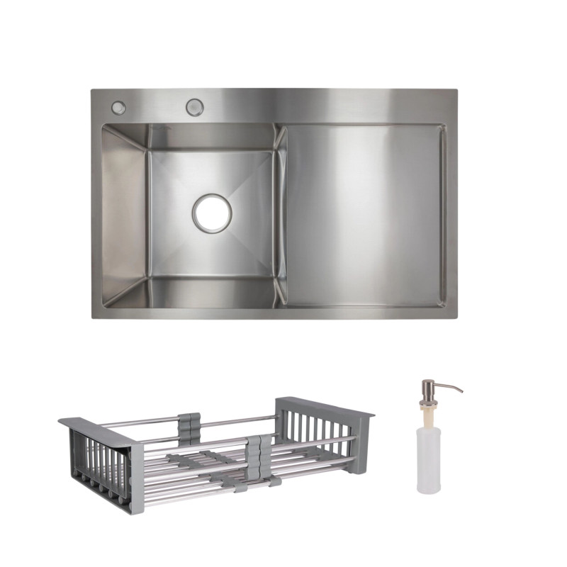 Lidz Комплект Handmade H7849R Мийка для кухні інтегрована крило зправа Brushed у комплекті з дозатором + K01G Корзина для кухонної мийки