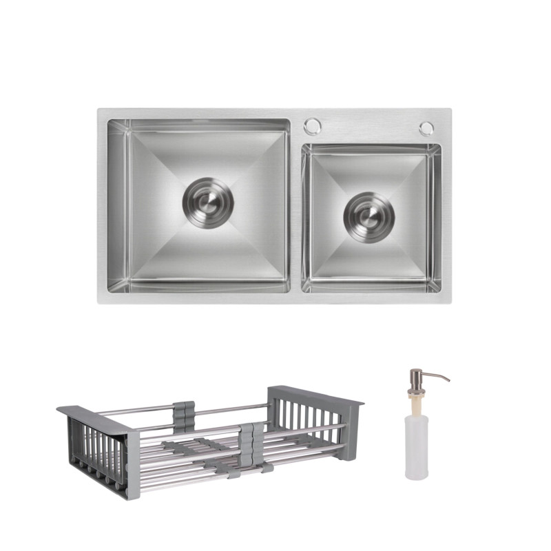 Lidz Комплект Handmade H7843 Мийка для кухні з двома чашами інтегрована Brushed у комплекті з дозатором + K01G Корзина для кухонної мийки