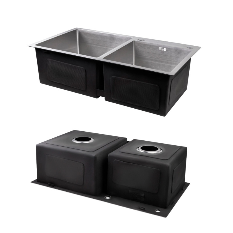 Lidz Комплект Handmade H7843 Мийка для кухні з двома чашами інтегрована Brushed у комплекті з дозатором + K01G Корзина для кухонної мийки