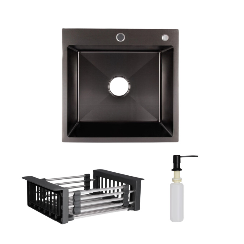 Lidz Комплект Handmade H5050B Мийка для кухні інтегрована BlackPVD у комплекті з дозатором + K01B Корзина для кухонної мийки