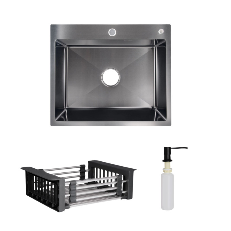 Lidz Комплект Handmade H6050B Мийка для кухні інтегрована BlackPVD у комплекті з дозатором + K01B Корзина для кухонної мийки