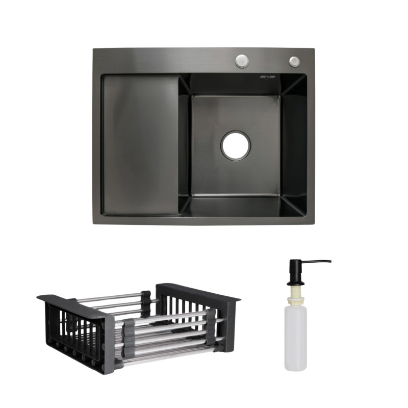 Lidz Комплект Handmade H6350BL Мийка для кухні інтегрована крило зліва BlackPVD у комплекті з дозатором + K01B Корзина для кухонної мийки