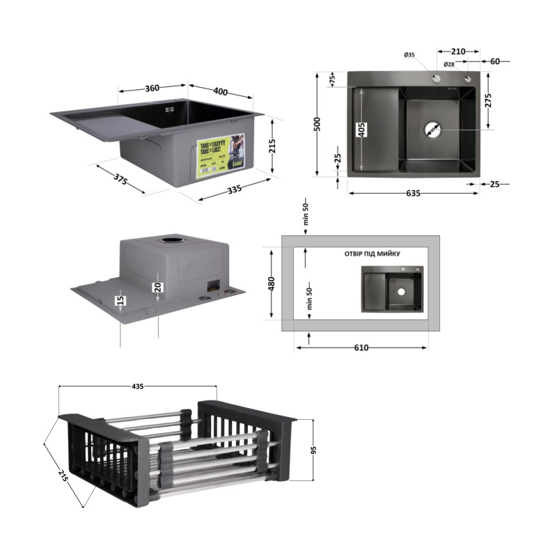 Lidz Комплект Handmade H6350BL Мийка для кухні інтегрована крило зліва BlackPVD у комплекті з дозатором + K01B Корзина для кухонної мийки