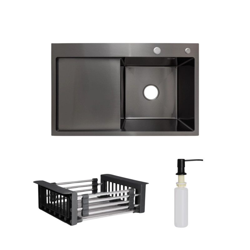 Lidz Комплект Handmade H7849BL Мийка для кухні інтегрована крило зліва BlackPVD у комплекті з дозатором + K01B Корзина для кухонної мийки