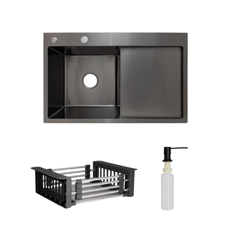 Lidz Комплект Handmade H7849BR Мийка для кухні інтегрована крило зправа BlackPVD у комплекті з дозатором + K01B Корзина для кухонної мийки