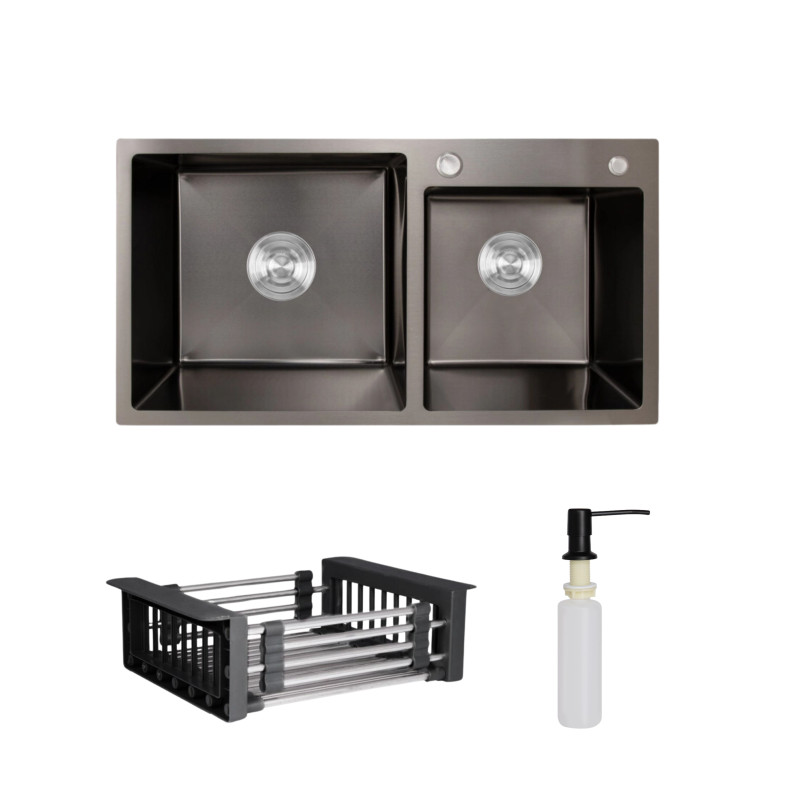 Lidz Комплект Handmade H7843 Мийка для кухні з двома чашами інтегрована BlackPVD у комплекті з дозатором + K01B Корзина для кухонної мийки