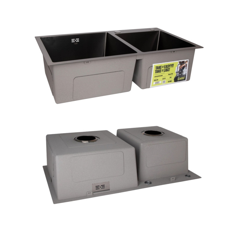 Lidz Комплект Handmade H7843 Мийка для кухні з двома чашами інтегрована BlackPVD у комплекті з дозатором + K01B Корзина для кухонної мийки