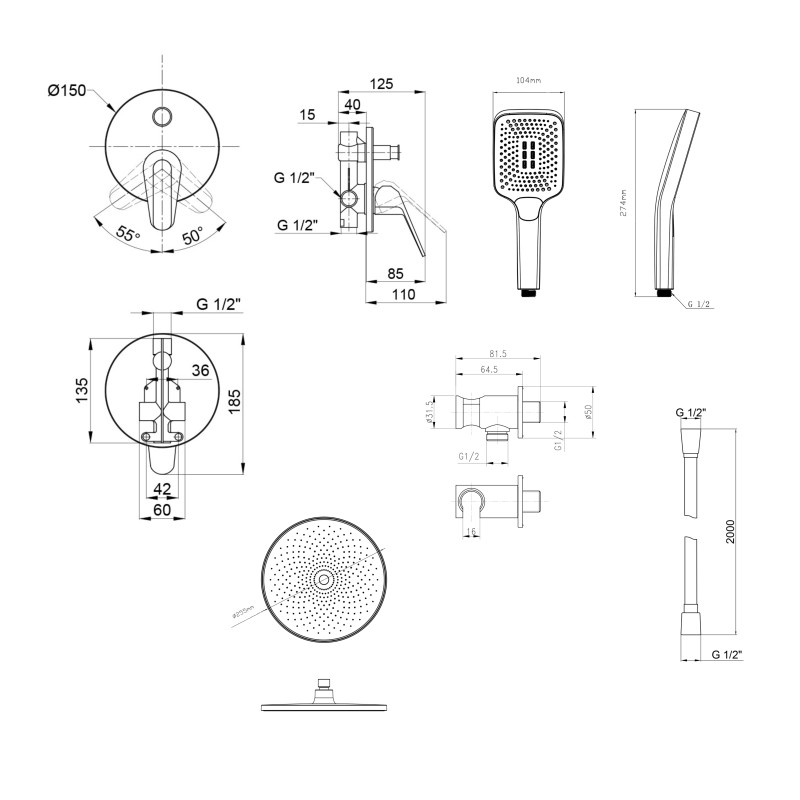 Qtap Комплект для душу Olsava Chrome: Змішувач QTOS6212107ODC + Лійки (QTRUC125CRM45952,QTHLA107CRM45948) + Шланг QTHADPVC200C + QTCRMBH030