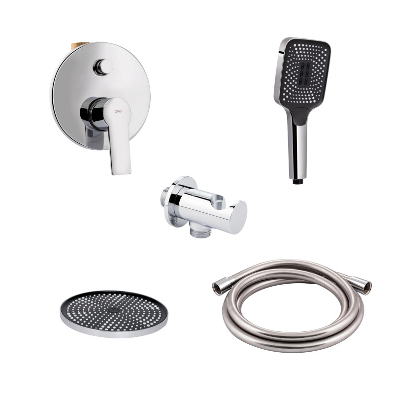 Qtap Комплект для душу Ustek Chrome: Змішувач QTUST6216107ODC + Лійки (QTRUC125CRM45952,QTHLA107CRM45948) + Шланг QTHADPVC200C + QTCRMBH030