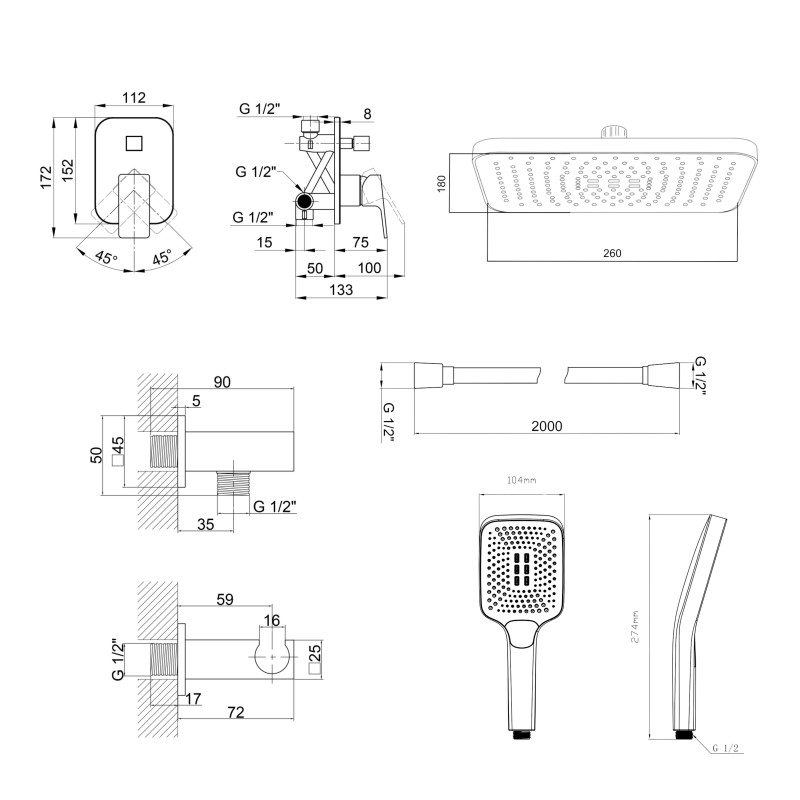 Qtap Комплект для душу Namesti Chrome: Змішувач QTNAM6225102NC + Лійки (QTRUC125CRM45954,QTHLA107CRM45784) + Шланг QTHADPVC200C + QTCRMBH130