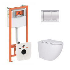 Qtap Готове рішення для ванної кімнати: підвісний унітаз Robin + комплект інсталяції Nest 4 в 1 (квадратна клавіша Chrome)