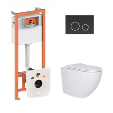 Qtap Готове рішення для ванної кімнати: підвісний унітаз Robin + комплект інсталяції Nest 4 в 1 (кругла клавіша Black mat)
