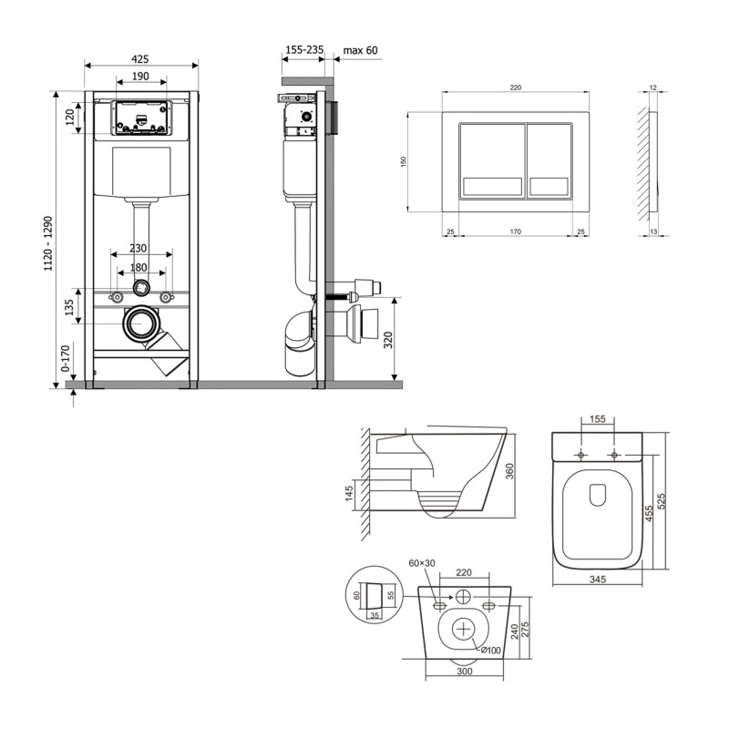 Qtap Готове рішення для ванної кімнати: підвісний унітаз Tern + комплект інсталяції Nest 4 в 1 (квадратна клавіша Chrome)