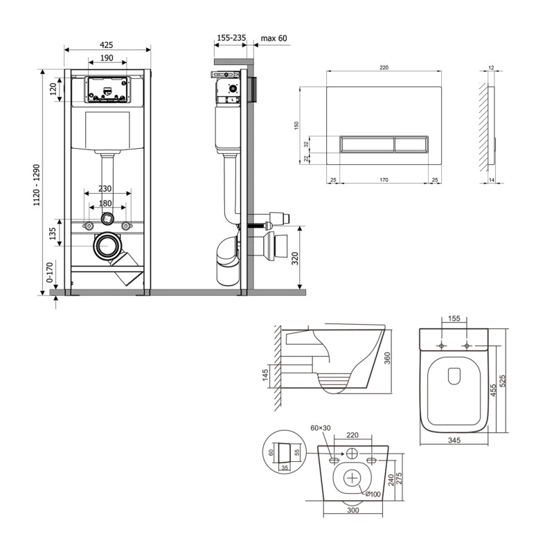 Qtap Готове рішення для ванної кімнати: підвісний унітаз Tern + комплект інсталяції Nest 4 в 1 (лінійна клавіша White)