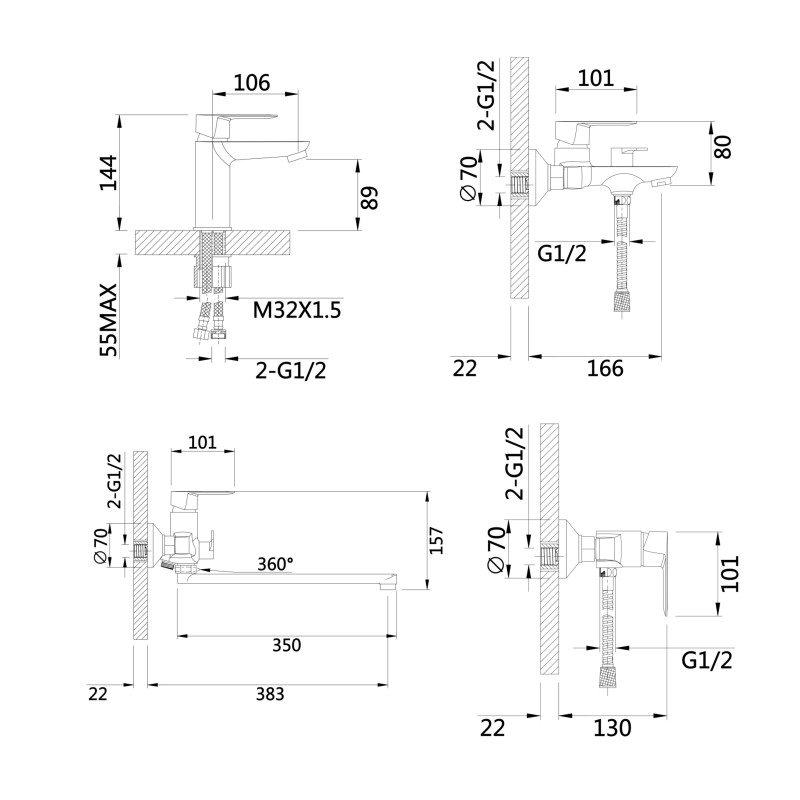 Lidz Комплект змішувачів для ванної кімнати Latwa 001Black+ Latwa 006Black+ Latwa 005Black+ Latwa 010Black