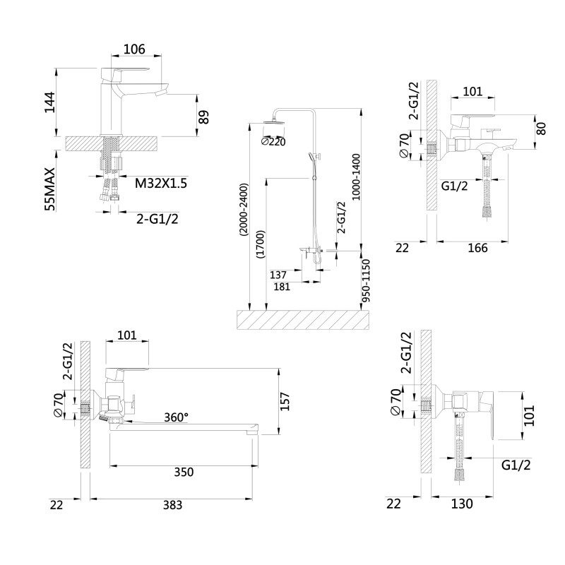 Lidz Комплект змішувачів для ванної кімнати Latwa 001Black+ Latwa 006Black+ Latwa 005Black+ Latwa 010Black+ Latwa 1030Black