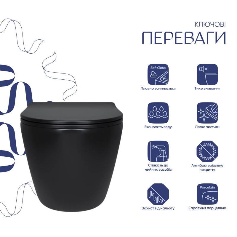 Qtap Унітаз підвісний Robin New Ultra Quiet безобідковий з сидінням Soft-close MATT BLACK QT13332381АSMB