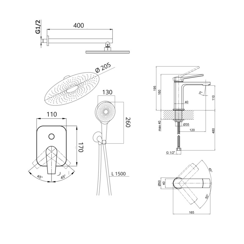 Qtap Комплект змішувачів Slavonice: Душова система QTSLA113BLM45900 + Змішувач для раковини QTSLA1042103B