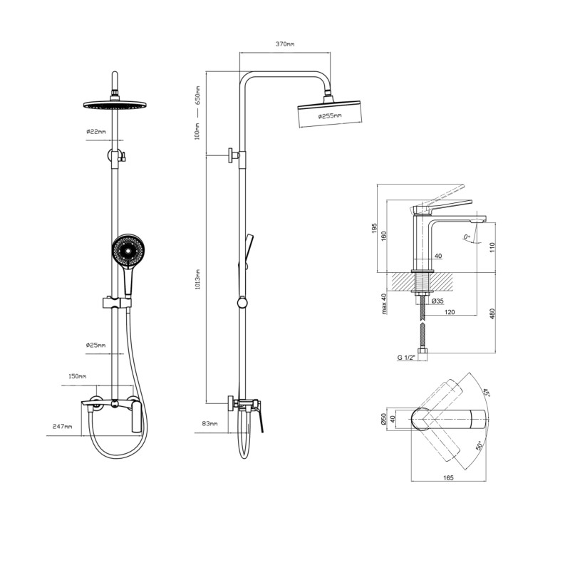 Qtap Комплект змішувачів Slavonice: Душова система QTSLA110BLM45914 + Змішувач для раковини QTSLA1042103B