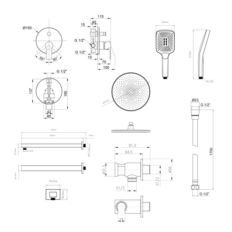 Qtap Комплект для душу Ustek: Змішувач для душу QTUST6216107ODC+Душ. набір(QTHLA107CRM45948+QTRUC125CRM45954+QTTRU120CRM45928+QTCRMBH030+LDNIA09CRM35458)