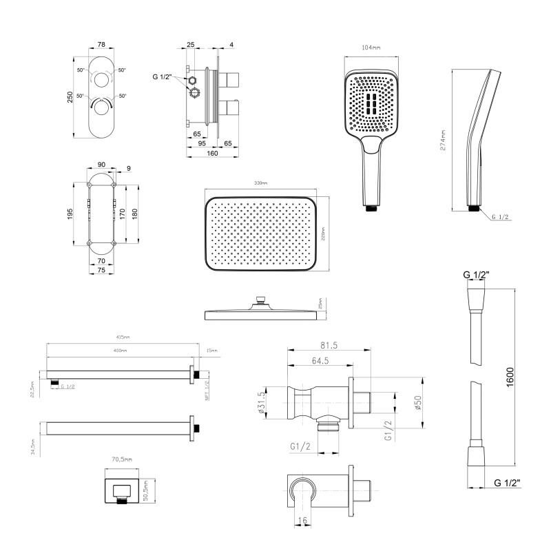 Qtap Комплект для душу Votice: Змішувач для душу QTVOT65T105OGC+Душ. набір(QTHLA107CRM45944+QTRUC125CRM45954+QTTRU120CRM45928+QTCRMBH030+QTHADPVC160C)