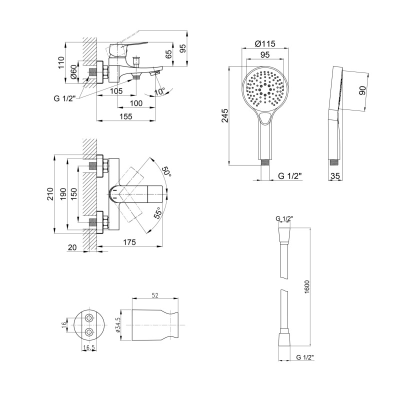 Qtap Комплект для ванної кімнати Nihonto Chrome: Змішувач QTNH3022101DC + Тримач QTCRMA030 + Шланг QTHADPVC160C + Лійка QTRUCA115O3KCW