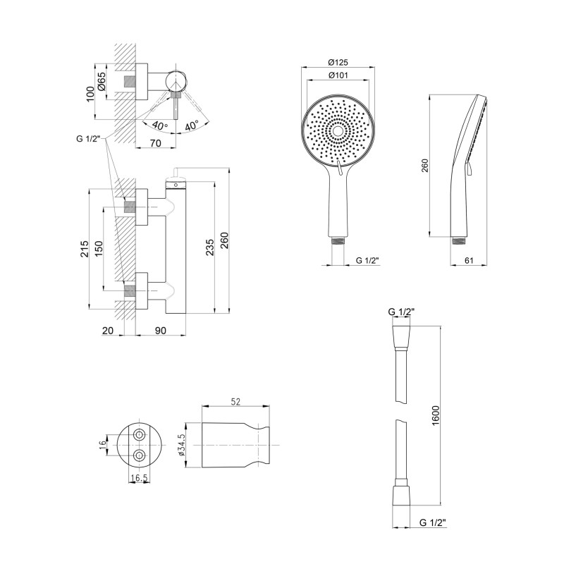 Qtap Комплект для душевої кімнати Robin Black Chrome: Змішувач QTROB4060102K + Тримач QT829910842854GRP + Шланг QTHADPVC160G +Лійка QTRUCA120R3GRP
