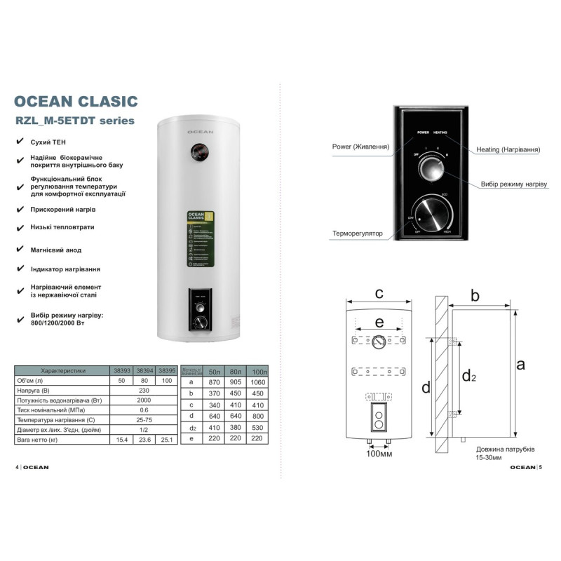 Ocean Водонагреватель (бойлер) RZL100M-5 ETDT CLASSIC (сухий тен) 100л 000004452