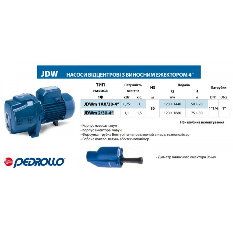 Насос самовсмоктувальний з занурювальним ежектором Pedrollo JDWm 1AX/30" (для глибоких колодязів)