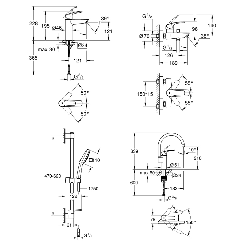 Grohe EUROSMART набір змішувачів для ванни+кухня (23324003+33300003+26907003+33202003), (UA123248М3)