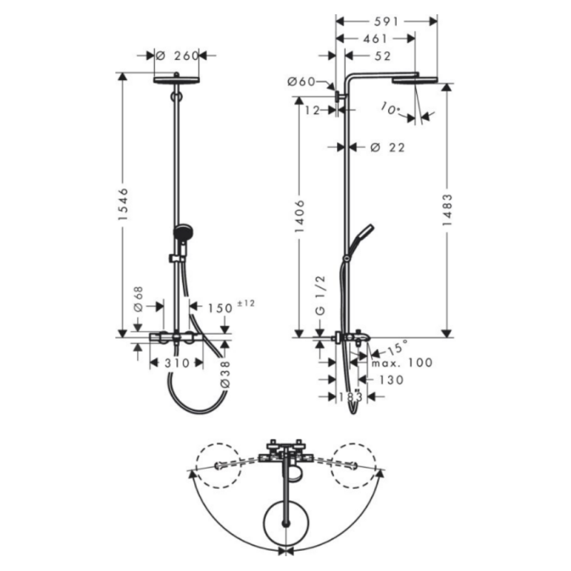 Hansgrohe PULSIFY S PURO Showerpipe душова система 260 з термостатом на ванну, колір хром, (24232000)