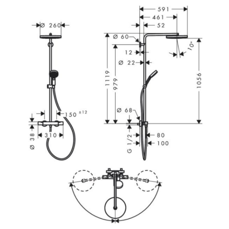 Hansgrohe PULSIFY S PURO Showerpipe душова система 260 з термостатом, колір чорний матовий, (24237670)
